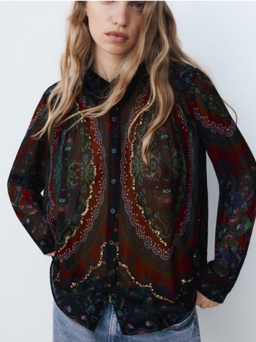 Zara Sheer Paisley Sequin Long-Sleeve Blouse